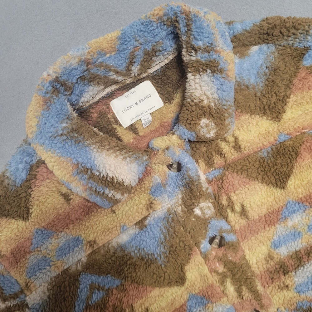 Lucky‎ Brand Southwestern Sherpa Shacket Jacket Brown Blue Aztec Print Womens M